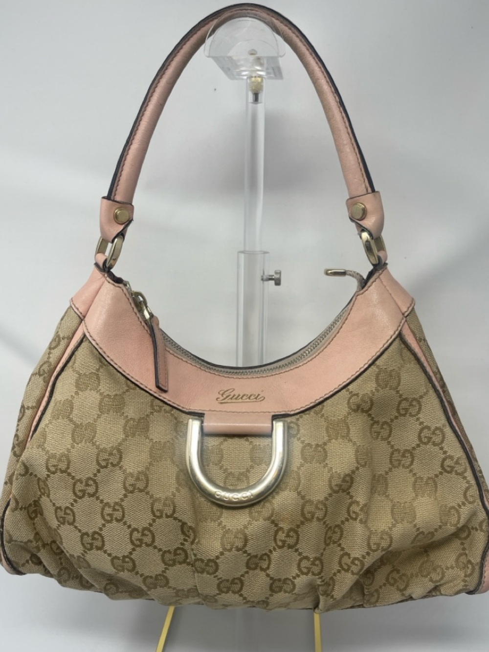 Gucci Beige Signature Canvas Shoulder Bag with Pink Trim - Picture 2 of 14